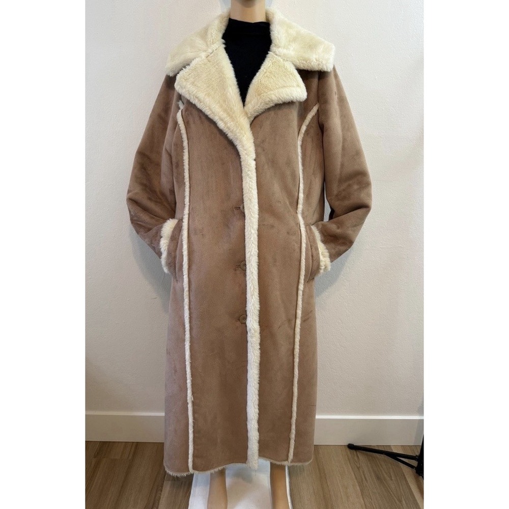 Angelina Womens 80s 90s Vintage Beige Cream Suede Faux Fur Shearling Coat Size L